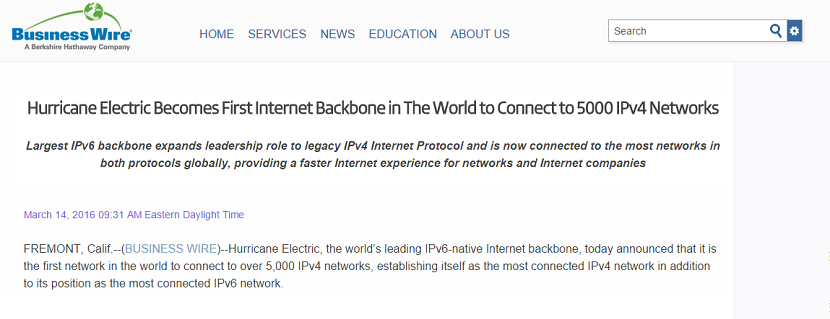 Hurricane Electric Becomes First Internet Backbone in The World to Connect to 5000 IPv4 Networks